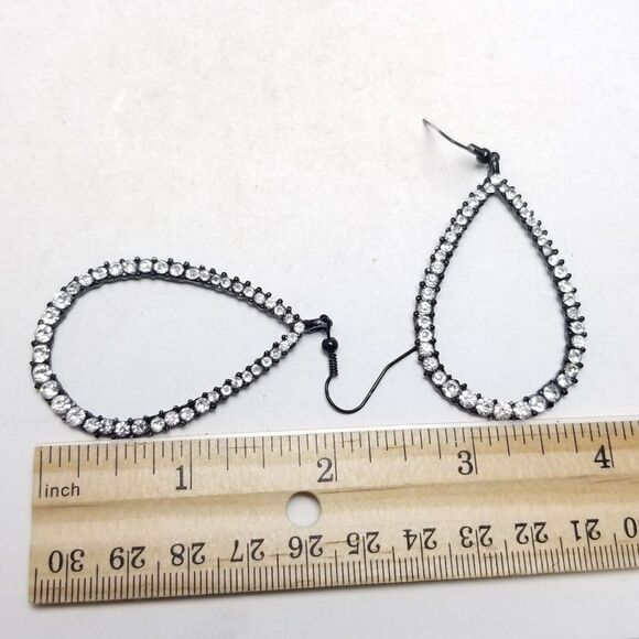 Vintage Large Rhinestone and Black Enamel Dangle Drop Shape Earrings, Estate - Picture 4 of 6